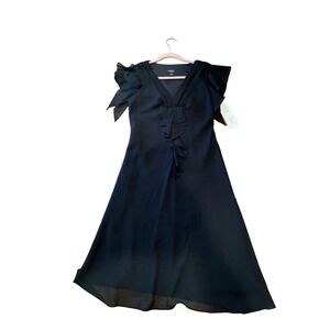 MSK LBD Midi Dress Women SZ 10 Black Short Sleeve Ruffle Front V-Neck Polyester